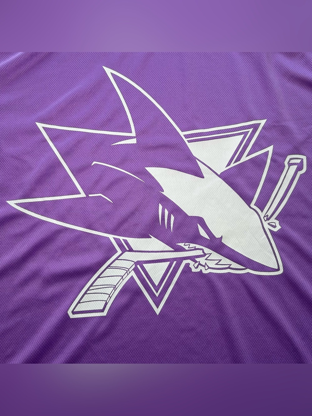 San Jose SJ Sharks NHL Hockey Fights Cancer Purple Jersey Men’s Size M 2021 SGA - Picture 5 of 12